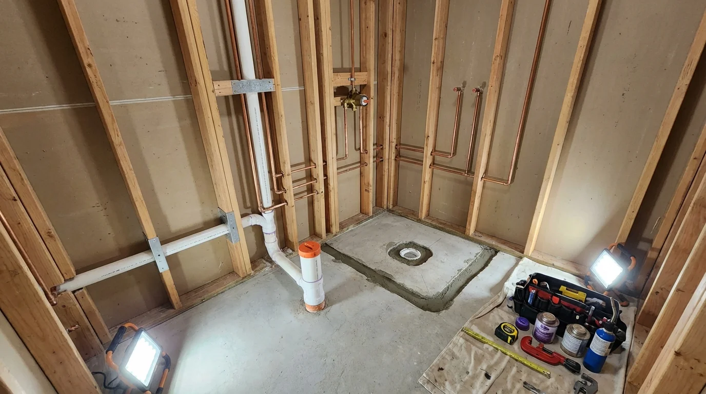 Bathroom rough-in plumbing during remodel by Johns Plumbing LLC in Perham