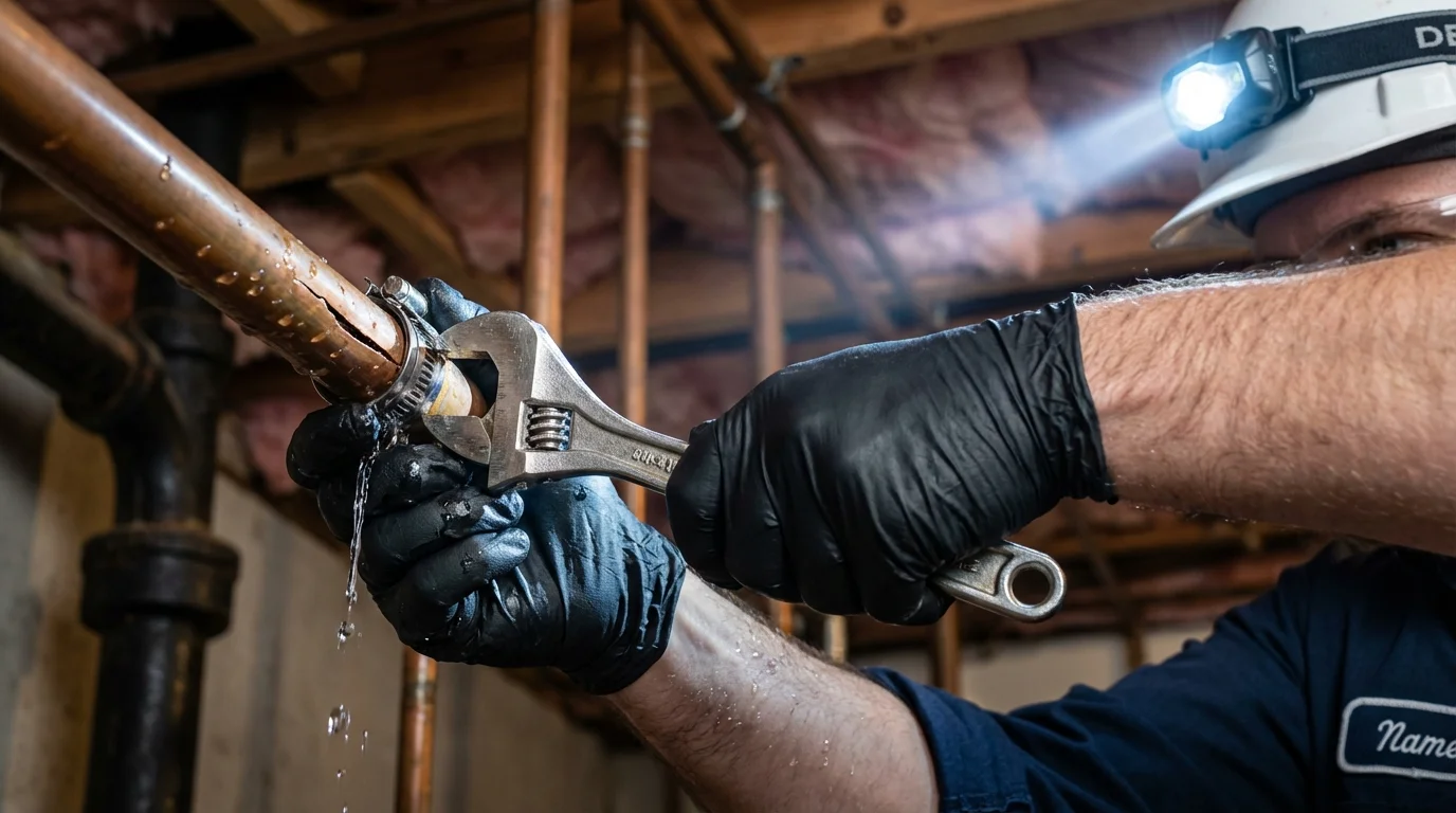 Emergency pipe clamp repair being performed by a Johns Plumbing LLC plumber in Perham