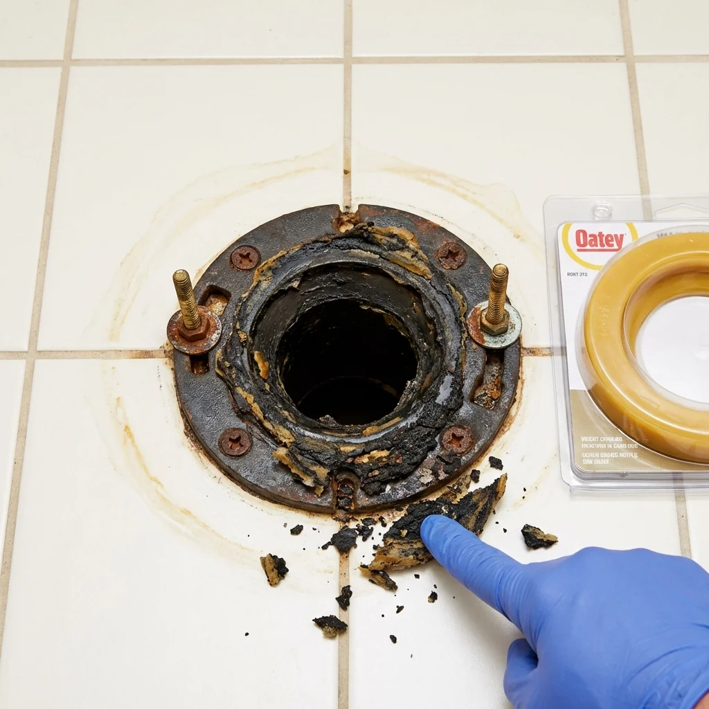 Failed wax ring showing water seepage at the base of a toilet in a Perham, MN home